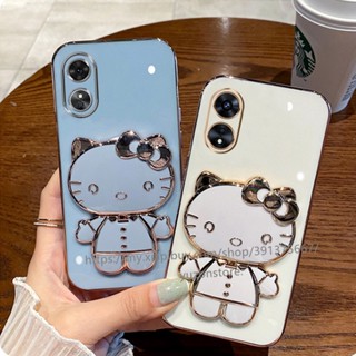 Phone Case OPPO A38 4G เคสโทรศัพท์มือถือแบบนิ่ม TPU ขอบตรง ลายการ์ตูน พร้อมขาตั้ง และกระจก อเนกประสงค์ สําหรับ