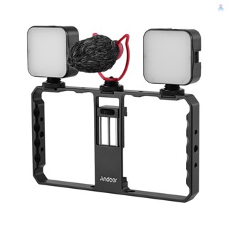 [T&amp;L] Andoer สมาร์ทโฟนวิดีโอ Rig Grip พร้อม Rig ไฟ LED คู่ไมโครโฟนพร้อมเมาท์ช็อต สําหรับ Vlog ภาพยนตร์ทําเข้ากันได้กับ iPhone Samsung HUAWEI