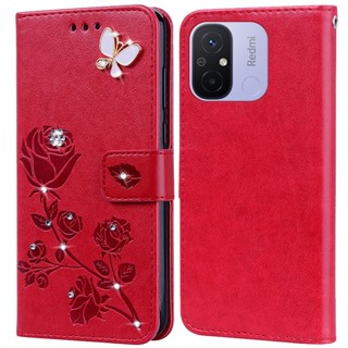 เคสโทรศัพท์มือถือหนัง ซิลิโคน พิมพ์ลายดอกกุหลาบ ลายนูน ประดับเพชร สําหรับ Xiaomi Redmi 12C 12C