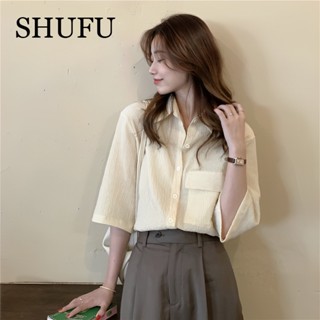 Shufu 2314 พร้อมส่ง เสื้อเชิ้ตแขนสั้น ผ้าชีฟอง คอปก ทรงหลวม สไตล์เกาหลี สําหรับผู้หญิง