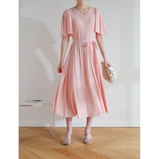 2MUAY PLEAT เดรสผู้หญิง เดรสพลีทคุณภาพ รุ่น GJO3653 10สี FREE SIZE V NECK FLARE SLEEVE PLEAT DRESS