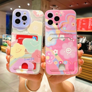 Compatible for iphone 14 13 Mini 12 11 Pro Max X Xs XR Max 6 6S 7 8 Plus Se 11pro 14pro 8plus 7plus 12promax Phone Case Cute Flower Smile Card Holder Soft Clear Cover