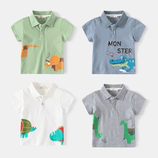 เสื้อโปโลแขนสั้นลําลอง คอปก ลายการ์ตูนไดโนเสาร์น่ารัก สําหรับเด็กผู้ชาย HZFKC0198