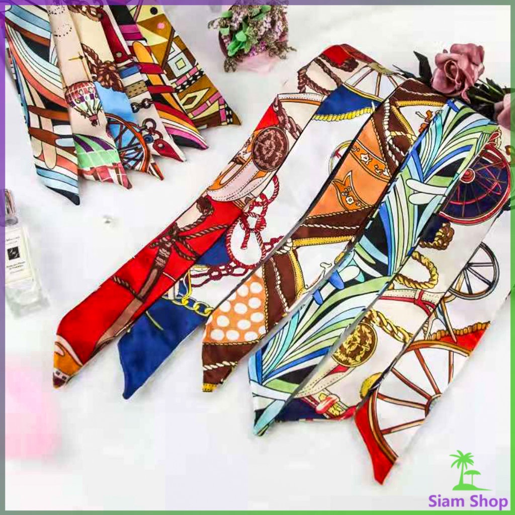 Siam ริบบิ้นผูกกระเป๋า  พิมพ์ลาย ขนาดเล็ก สําหรับผู้หญิง ขนาด 85x4 ซม. Silk scarf