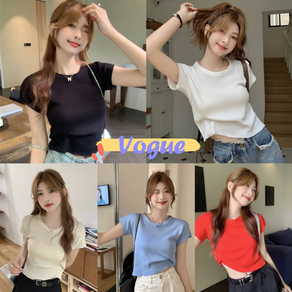 Vogue พร้อมส่ง เสื้อครอปสั้นไหมพรม แขนสั้นคอกลท ผ้ายืดใส่สบาย (91036) -C