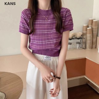 Kans เสื้อครอปท็อป คอกลม แขนสั้น ผ้าถัก ลายทาง ฤดูร้อน สําหรับผู้หญิง