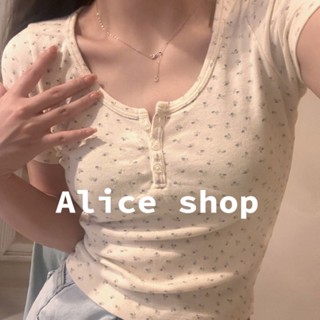 Alice  เสื้อยืด เสื้อลายดอกสาวอวบ เสื้อยืดผ้าคอตตอน  สวย ทันสมัย สบาย ins A29J0ZY 36Z230909