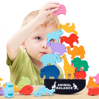 เด็กซ้อนไม้Balance Building Blockของเล่นการ์ตูนสัตว์ไดโนเสาร์บล็อกที่มีสีสันBalanceเกมMontessoriของเล่นไม้ของเล่น