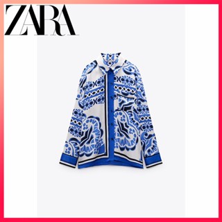 Zara ใหม่ เสื้อเบลาส์ พิมพ์ลาย มีกระเป๋า สําหรับผู้หญิง