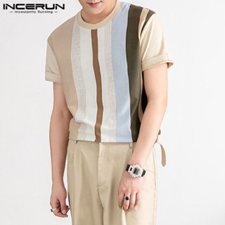 Incerun เสื้อยืด แขนสั้น พิมพ์ลายทาง สีพื้น แฟชั่น สําหรับผู้ชาย