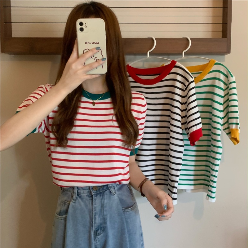 Dahong เสื้อยืดไหมพรมคอกลม ลายทาง ผ้านิ่มน่ารักมาก B170