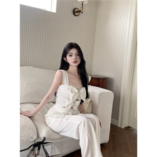 Liasynn เสื้อสายเดี่ยว กางเกงขาสั้น ผ้าซาติน เอวสูง ขากว้าง ประดับโบว์ สําหรับผู้หญิง
