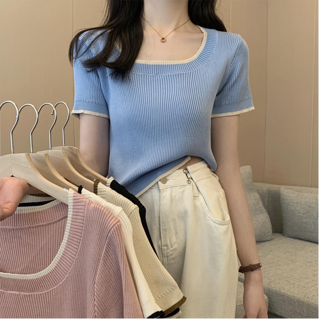 LUNE. 29028#เสื้อครอปไหมพรม คอกลม แขนสั้นเสื้อยึดไหมพรมคอกลม#เสื้อเเฟชั่นเกาหลีแขนสั้นปักขอบสี