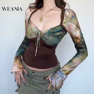 Weania เสื้อท็อป คอวี พิมพ์ลายลูกไม้ สีน้ําตาล สไตล์วินเทจ สําหรับผู้หญิง