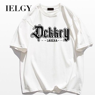 IELGY เสื้อยืดแขนสั้น พิมพ์ลายตัวอักษร ทรงหลวม เรียบง่าย สีเข้ม