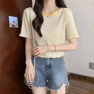 เสื้อยืดคอกลม ไหมพรมสีพาทเทลสุดคิวท์ ระบายผ้าหยักจั้มทั้งตัว #A242