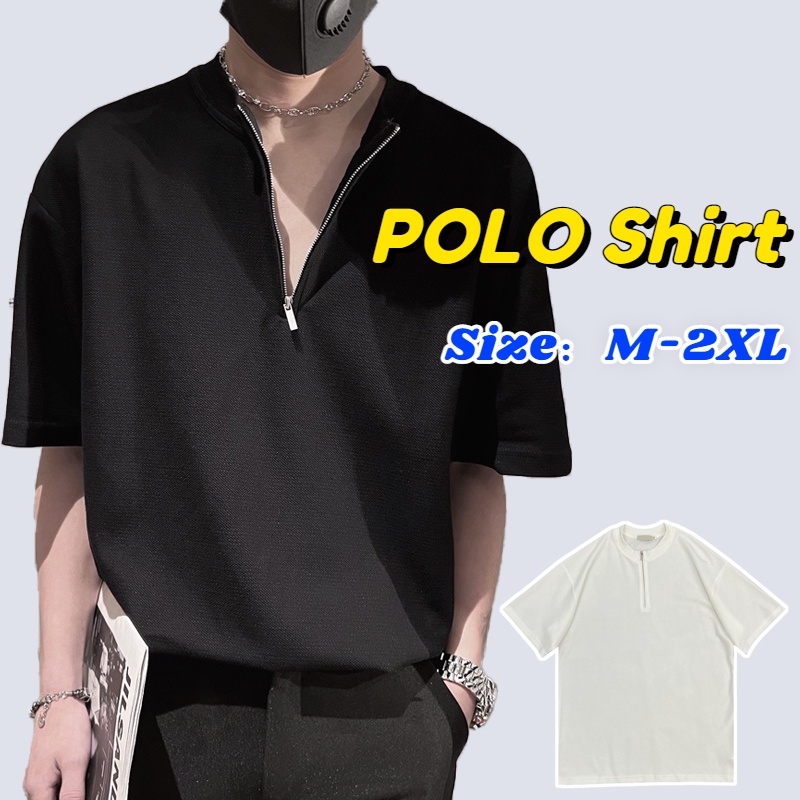 เสื้อโปโล แขนสั้น ลําลอง มีซิป ทรงหลวม สีพื้น สําหรับผู้ชาย