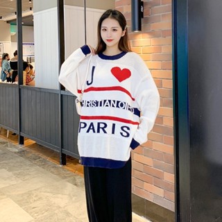 Korean🧧 เสื้อไหมพรมตาข่าย แขนยาวคอกลม ลาย PARIS