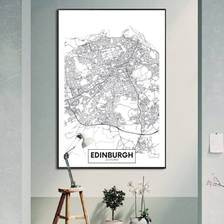 โปสเตอร์ภาพวาดผ้าใบ ลายแผนที่เมืองที่มีชื่อเสียง Scotland Edinburgh สีดํา สีขาว สําหรับตกแต่งผนังบ้าน ห้องนั่งเล่น