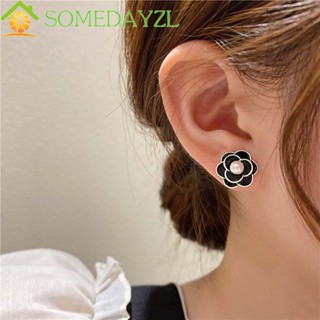 SOMEDAYZL Camellia ต่างหูเข็มเงิน 925 ประดับมุก สีดํา สีขาว หรูหรา เครื่องประดับแฟชั่น สําหรับผู้หญิง