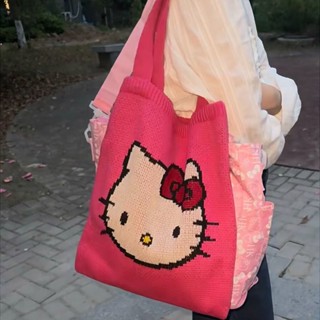 ใหม่ กระเป๋าสะพายไหล่ ผ้าวูลถัก ลายการ์ตูน Hello Kitty น่ารัก ความจุขนาดใหญ่