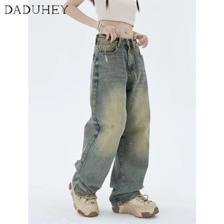 DaDuHey🎈 American Style Summer New  Ins High Street Yellow Mud Jeans Niche High Waist Wide Leg Casual Plus Size Pants