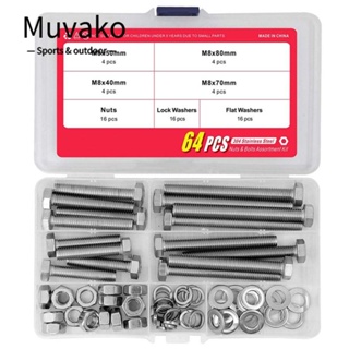 MUVAKO ชุดน็อตสกรู และน็อต สเตนเลส 304 M8 40 มม. 50 มม. 70 มม. 80 มม. สําหรับเรือ 64 ชิ้น