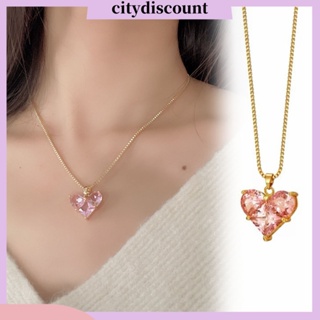 &lt;citydiscount&gt; สร้อยคอ จี้รูปหัวใจ ประดับเพทาย ทรงเรขาคณิต สีชมพู กันการสึกหรอ สําหรับผู้หญิง