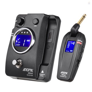 Aroma ARG-07 ระบบส่งสัญญาณกีตาร์ไร้สาย (Transmisster &amp; Receiver) ปลั๊ก 6.35 มม. หน้าจอ LCD 4 ช่องทาง ระยะ 35 ม. แบตเตอรี่ในตัว รองรับฟังก์ชั่นปิดเสียง