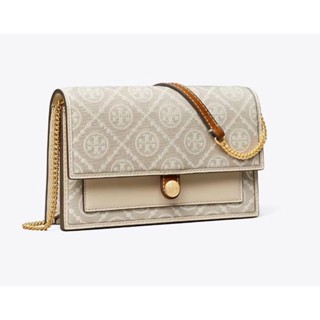 **เงา** กระเป๋า TORY BURCH T Monogram Jacquard Chain Wallet In Ivory สินค้าใหม่ ของแท้