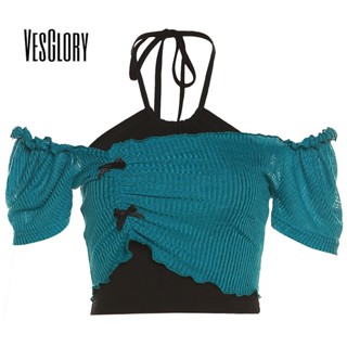 Vesglory เสื้อครอปท็อป แขนสั้น เปิดไหล่ ผูกโบว์ สีตัดกัน สําหรับผู้หญิง 2023