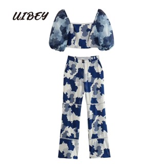 Uibey เสื้อแขนพัฟ คอสี่เหลี่ยม ลายพราง + กางเกง แฟชั่น 4581