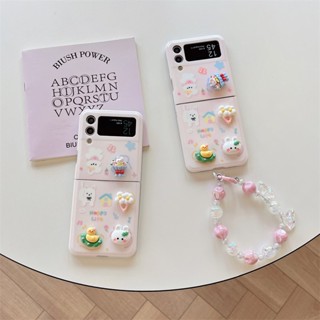 เคสป้องกันโทรศัพท์มือถือ ผิวเงา กันกระแทก ลายดอกไม้ กระต่าย และโซ่ สําหรับ Samsung Galaxy Z Flip3 5G