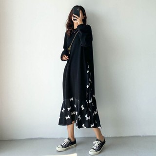 【Dress Oversized】(40-150kg) ชุดเดรสกันหนาว แขนยาว ทรงหลวม พิมพ์ลายโบว์ สไตล์เกาหลี (Beyond Knee)