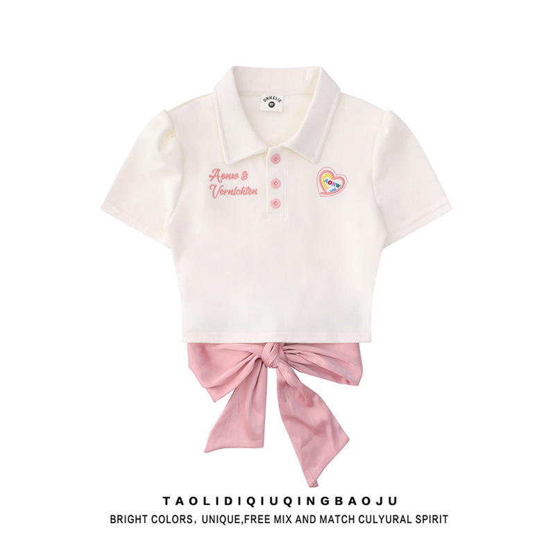 Xiao เสื้อโปโลแขนสั้น คอปก ผูกโบว์ สไตล์หวาน สําหรับผู้หญิง G4NS