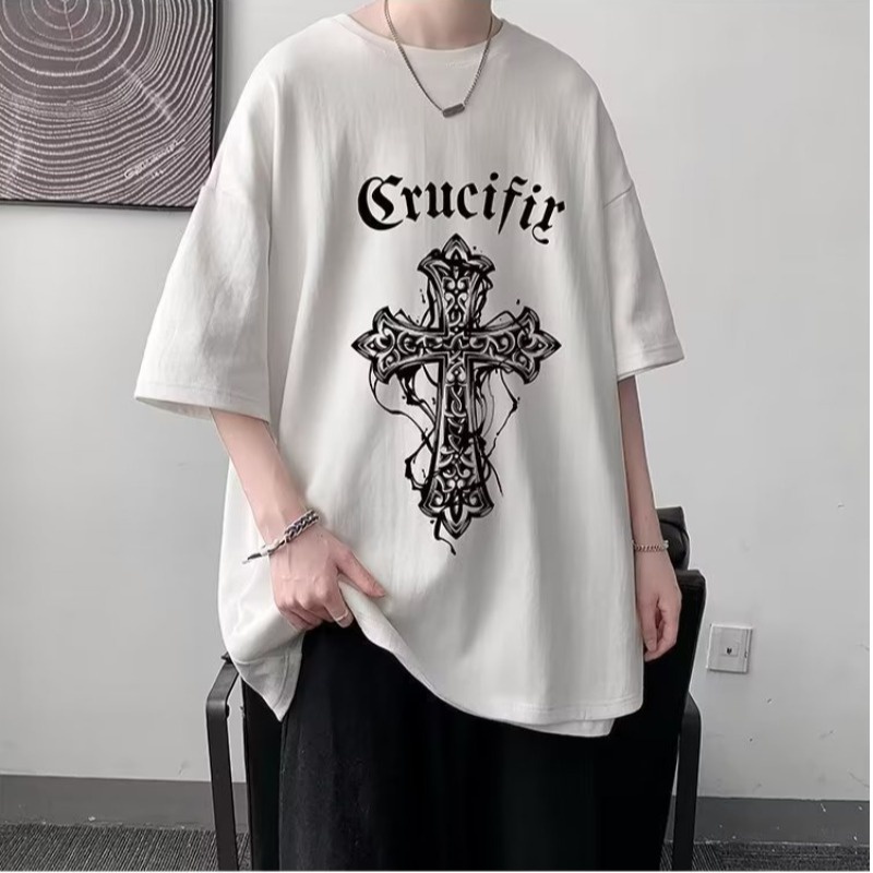 เสื้อยืดลําลอง แขนสั้น คอกลม พิมพ์ลายไม้กางเขน โอเวอร์ไซซ์ สไตล์เรโทร แฟชั่นฤดูร้อน สําหรับผู้ชาย ไซซ์ M - 8XL