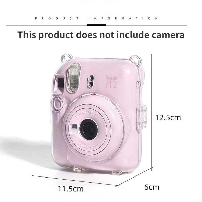 เกราะป้องกันกล้อง ฟรีสติกเกอร์น่ารักสําหรับ Instax มินิ 12 โปร่งใสเคสเก็บกล้องพร้อมสายรัดสําหรับ มินิ12 กระเป๋ากล้อง