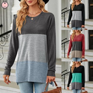 Women Casual Long Sleeve Striped Color Matching T Shirt Slim Tops O Neck Blouse