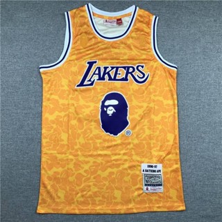 เสื้อกีฬาแขนกุด ลาย HQ7 NBA Jersey Los Angeles Lakers Bape No.93 สีเหลือง พลัสไซซ์ QH7