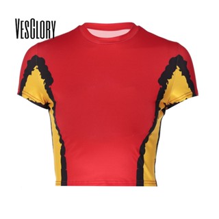 Vesglory เสื้อครอปท็อป คอกลม แขนสั้น พิมพ์ลาย สีพื้น เซ็กซี่ สําหรับผู้หญิง 2023