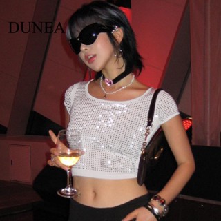 Dunea เสื้อครอปท็อป ประดับเพชร เซ็กซี่ แฟชั่นฤดูร้อน สําหรับผู้หญิง