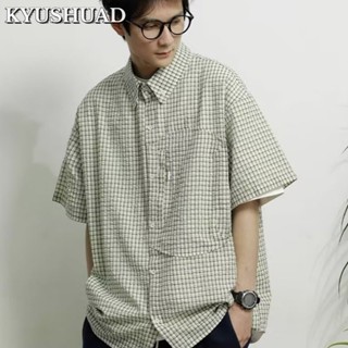 KYUSHUAD ญี่ปุ่นหลวมเบาและบางลายสก๊อตเครื่องมือเสือดาวเสื้อเชิ้ตแขนสั้นผู้ชาย, เสื้อลำลองคู่, ท็อปส์ซูย้อนยุค,