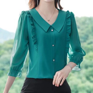 เสื้อเชิ้ตแขนสามส่วน ผ้าชีฟอง ทรงหลวม สีพื้น สําหรับผู้หญิง