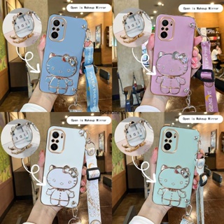 เคส Xiaomi Redmi 12 เคส Redmi Note 10 Pro เคส Redmi Note 10S Casing Redmi 10 Case Redmi 9A Case Redmi 9C Case Vanity Mirror Cute Hello Kitty Anime Stand Crossbody Phone Strap Case With Metal Sheet SK โทรศัพท์มือถือ ลายการ์ตูนเฮลโลคิตตีน่ารัก พร้อมสายคล้อง