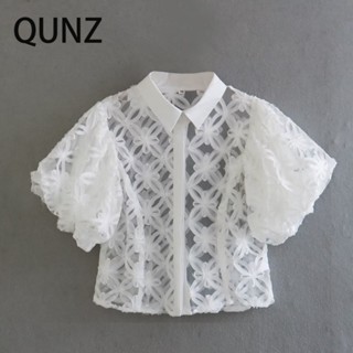 เสื้อเชิ้ตแขนสั้น แขนพัฟ ผ้าลูกไม้ สวมใส่สบาย 4570