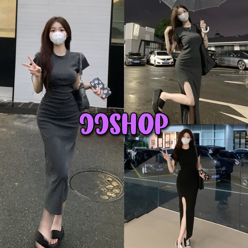 JJ Shop​ ​พร้อมส่ง ชุดเดรสไหมพรมทรงยาว ดีเทลแหวกข้างแขนสั้น "03035" -C