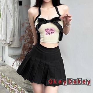 Odokey- เสื้อครอปแขนกุด เปิดหลัง พิมพ์ลายตัวอักษร ประดับโบว์ ผูกเชือก เหมาะกับฤดูร้อน สไตล์สตรีท สําหรับผู้หญิง