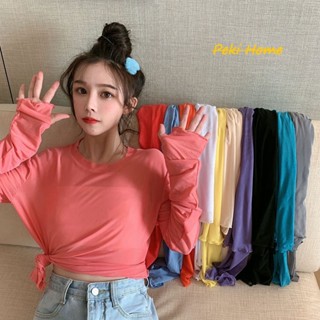 เสื้อแขนยาวคอกลม เสื้อยืดเเขนยาวเเฟชั่น  เอวลอย น่ารักใสๆ