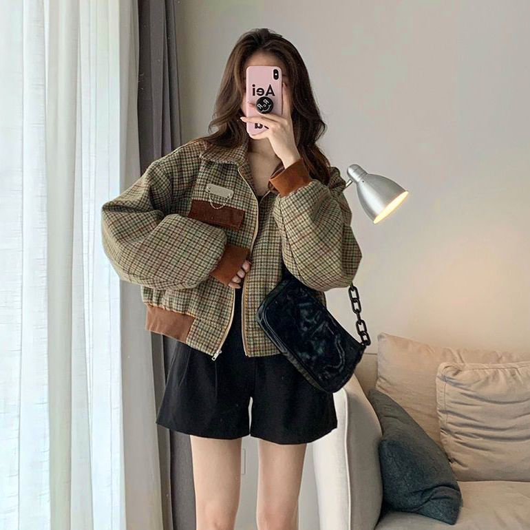 เสื้อโค้ทแจ็กเก็ต ตัวสั้น ทรงหลวม ขนาดเล็ก แฟชั่นฤดูใบไม้ร่วง และฤดูหนาว สไตล์เกาหลี สําหรับผู้หญิง