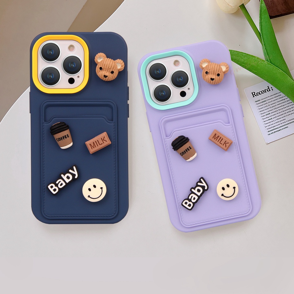 เคสโทรศัพท์มือถือ ซิลิโคนนิ่ม กันกระแทก ลายหมีกาแฟ 3D พร้อมช่องใส่บัตร สําหรับ iPhone 11 12 13 14 Pro MAX X XR XS MAX 6 6S 7 8 Plus SE 2020 2022 14Plus